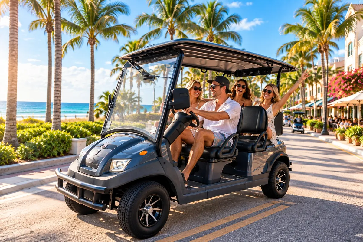 Four friends riding a SoFlo cart down a palm-lined Delray Beach street.